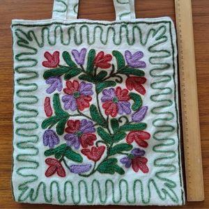Embroidered Floral Cotton Bag - Purple, Red, Green Accents